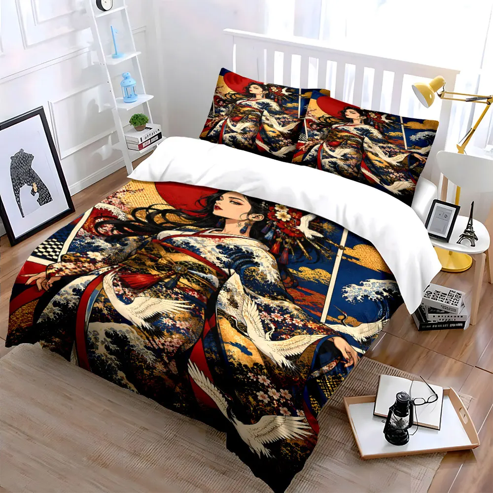 Elegant kimono adorned with flying cranes Print Bedding Set 1 Duvet Cover 2 Pillowcases for Adult and Children Luxury Gift