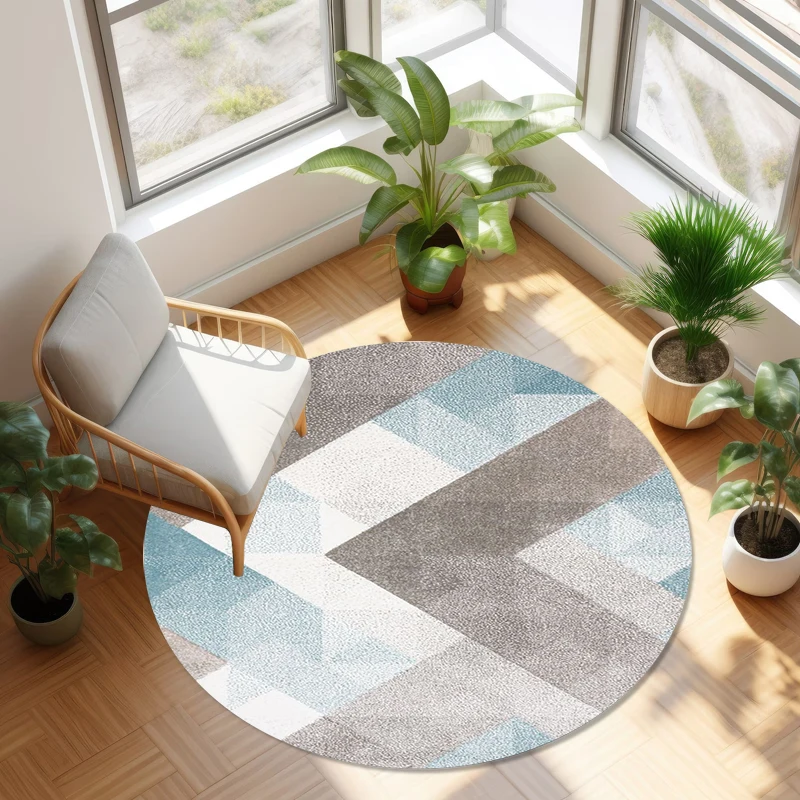 Modern Neutral Geometric Round Rug, Non-Slip Washable Floor Mat, Soft Abstract Area Rug for Living Room Bedroom