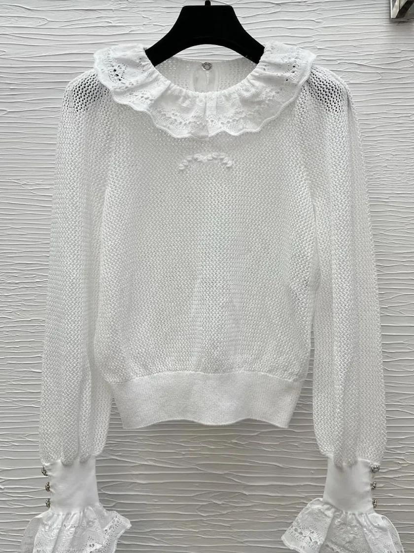 

Весна-лето, новинка, трикотажная женская круглая блузка с отделкой Ne Sve, белое полиэфирное волокно