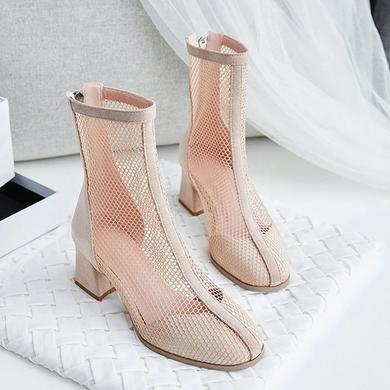 Summer Chunky High Heel Patchwork Mesh Ankle Boots Woman Back Zipper Black Apricot Suede Fishnet Short Boots Shoes
