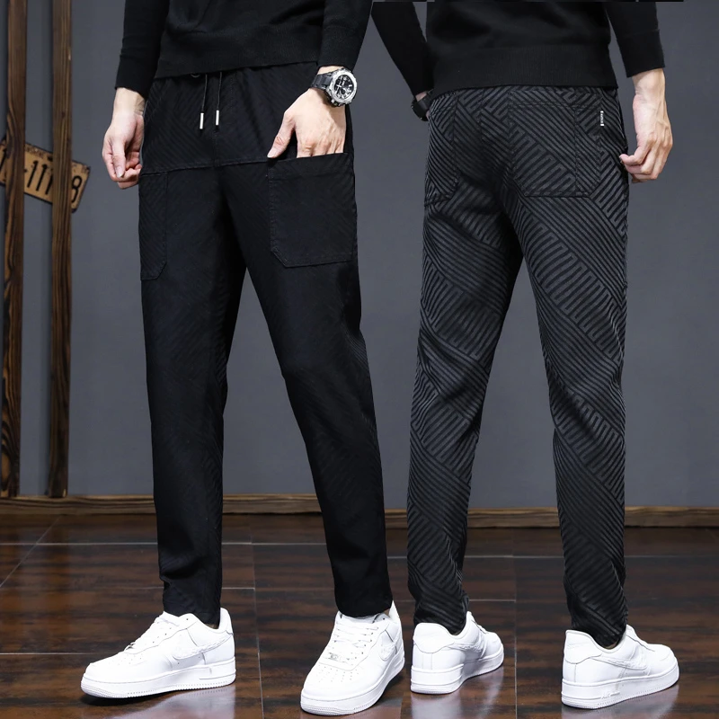 CUMUKKIYP Men's Printed Harem Pants Fashionable and Slim Korean Style Cargo Trousers for 2023 Autumn and Winter