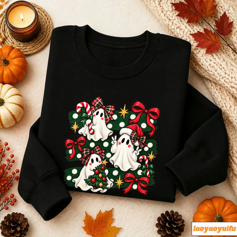 Cute Christmas Ghosts Plaid Bows Candy Cane Mini Xmas Tree Red Bow Star Polka Dot Background Festive Cartoon Graphic Pullover