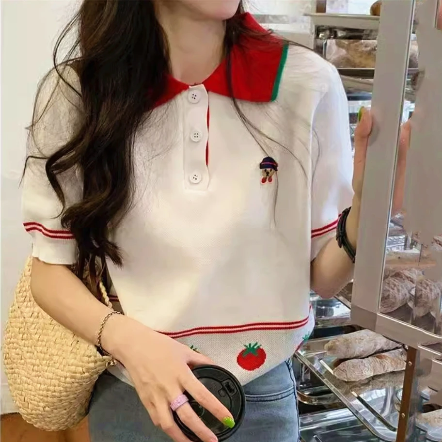 New Korean Brand Summer Knitted POLO Shirts Cute Strawberry Bear Jacquard Embroidery Blouse Short Sleeve Elastic T-shirts Women