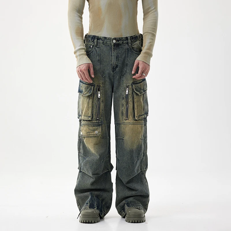 

New light luxury American high street heavyweight jeans men's trendy retro multi-pocket work pants son loose wide-legged pants