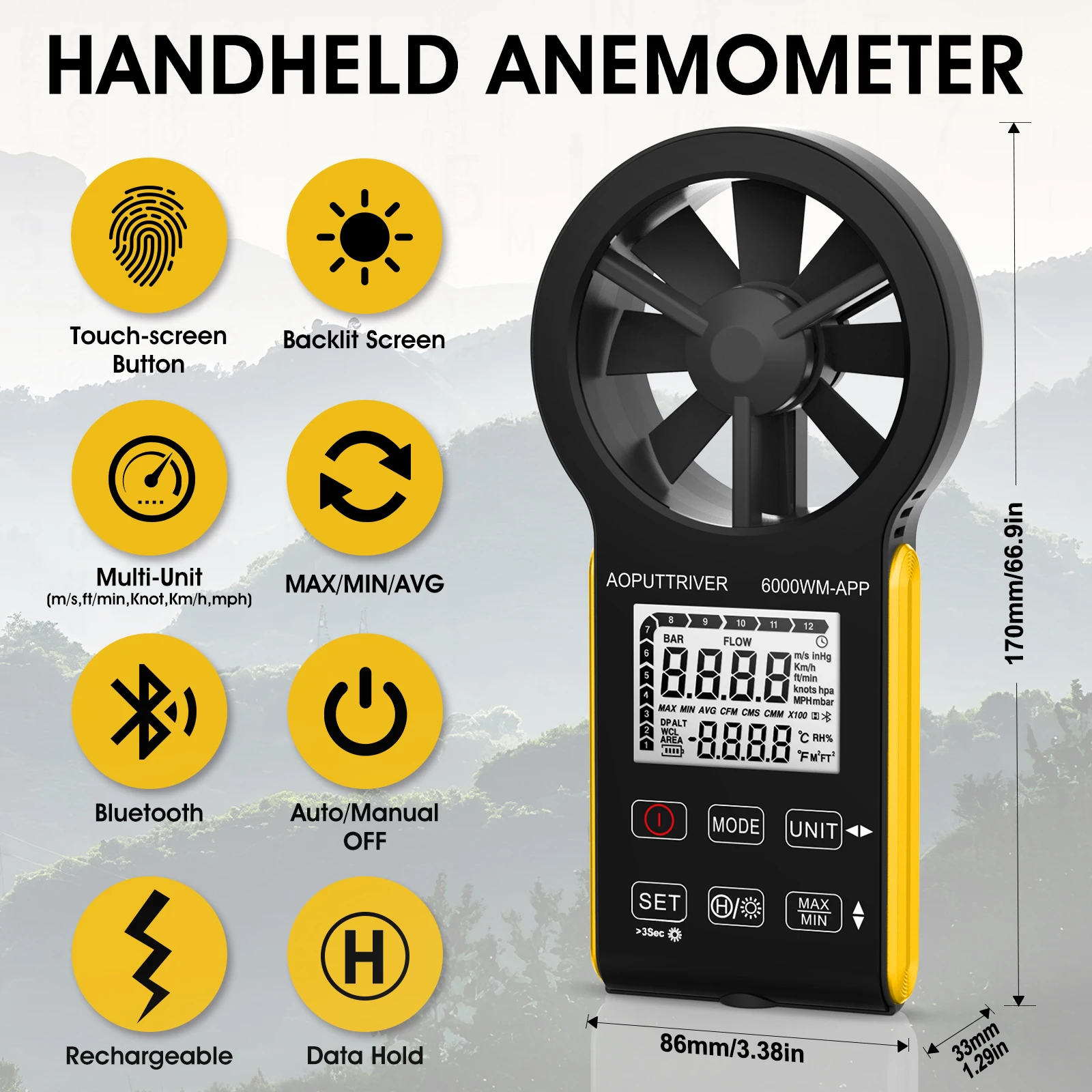 6000WM Digital Wind Speed Meter with Multi-Unit,Barometric Pressure Measurement,Tripod Mount & Hand Strap for Outdoor Use