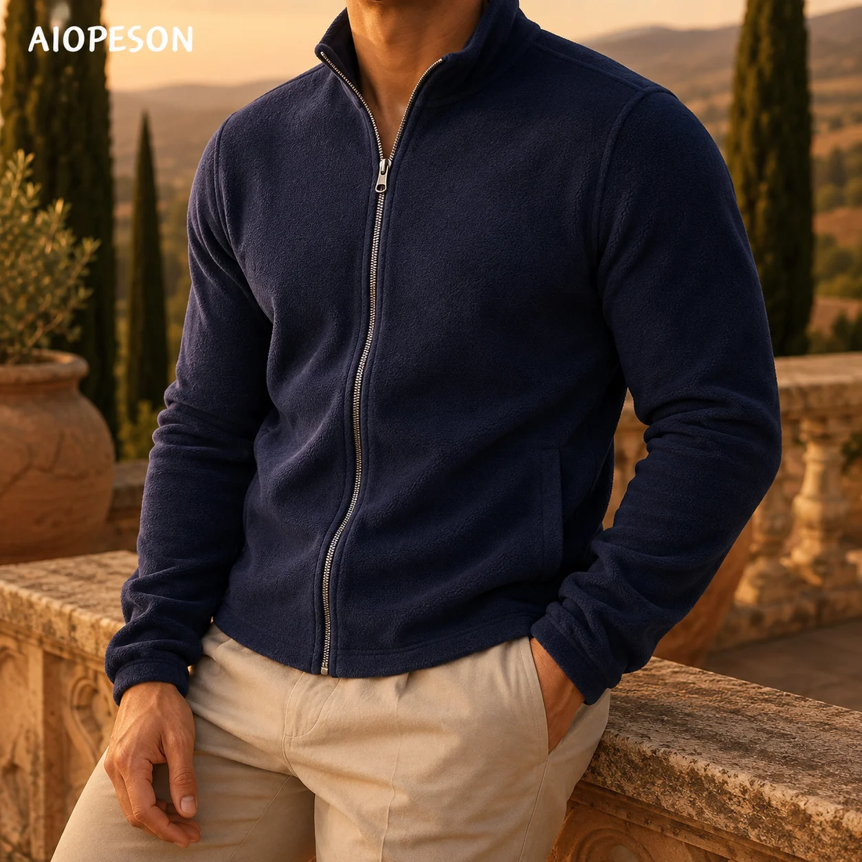 AIOPESON Herren Fleecejacke mit Reißverschluss, Stehkragen, Einfarbig, Polarfleece-Oberbekleidung, Herbst-Winter Outdoor Freizeitjacke, Leichter Mantel