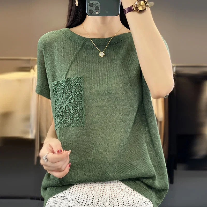 Women's T-shirt Spring Worsted Cotton Knitwear Casual Solid Color Ladies' Tops Loose Round Neck Blouse Pullover Tees E6530