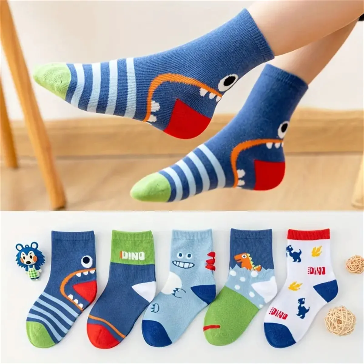 5pairs Casual Cute Cartoon Dinosaur Knit Socks, Soft Comfortable Breathable Socks Boys And Girls Accessories