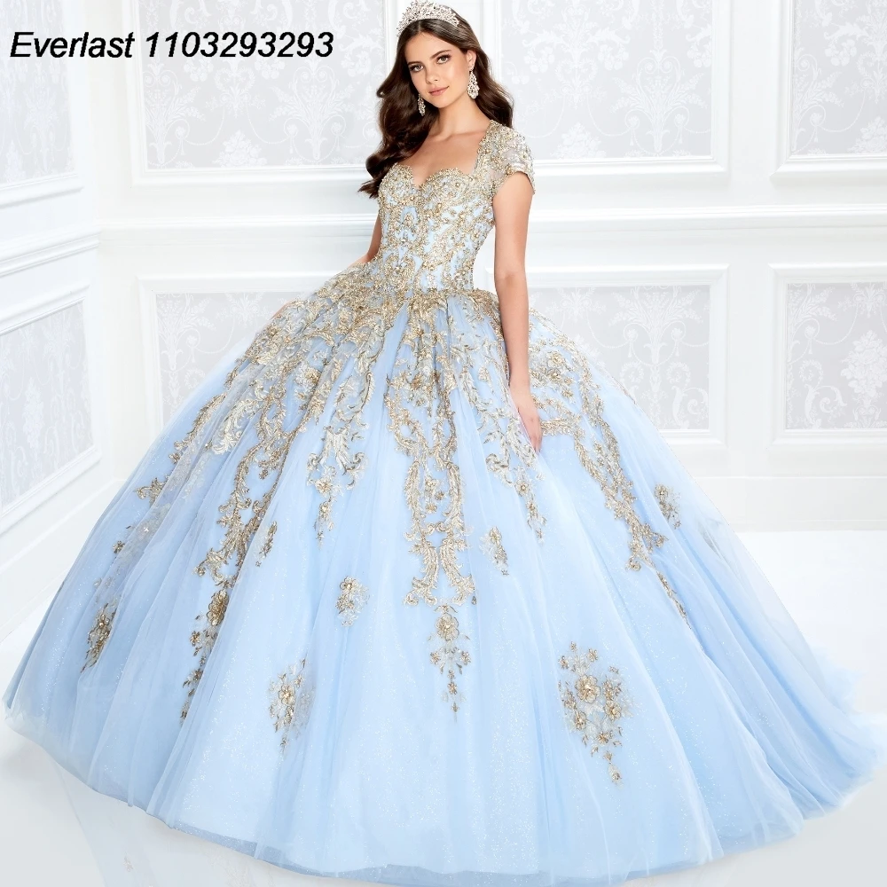 EVLAST Sparkly Blush Pink Quinceanera Dress Ball Gown Gold Lace Applique Crystals Bead corsetto Sweet 16 Vestido De 15 Anos TQD346