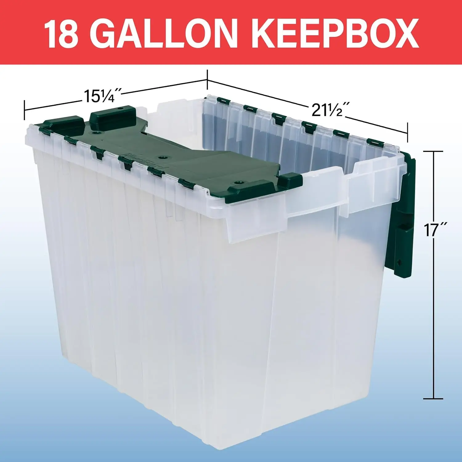 KeepBox 18 Gal Storage Box, Lid Attached, Stackable, Clear/Green