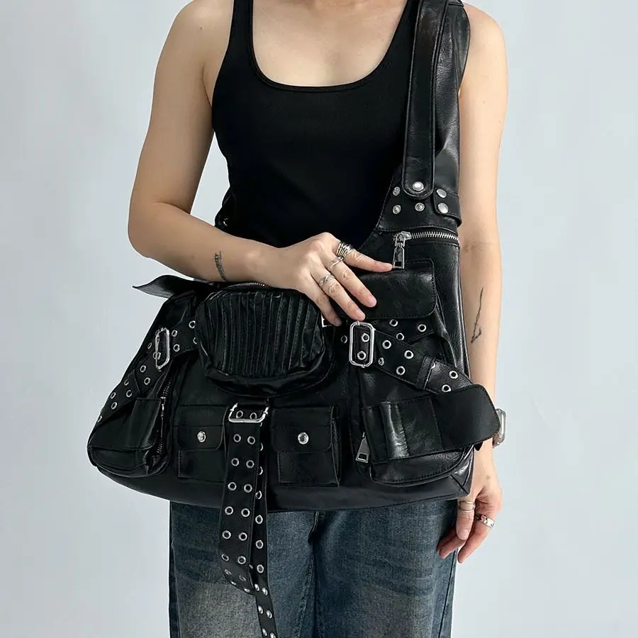 vintage Multiple pockets denim women shoulder bags punk wide strap rivet lady  handbags retro Underarm Bags Female purses 2024