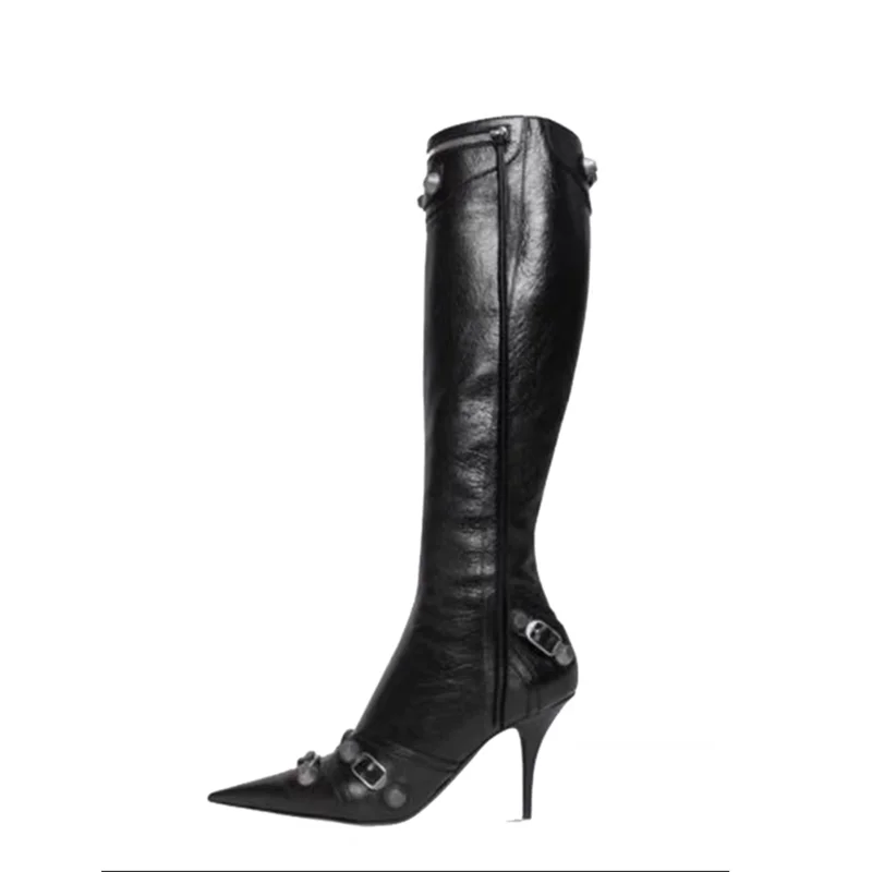 Pointed Toe Rivet Metal Embellished Women's High Boots New Autumn Stiletto Tassel Belt Buckle Black Sexy Side Zip Boots