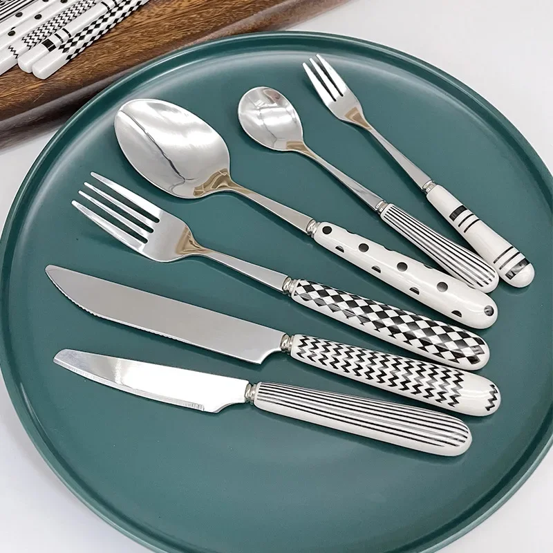 Ceramic Handle Cutlery Knife Fork Spoon Set Travel Dessert Spoon Set Kitchen Dinnerware Sets Stainless Steel Beef Fork and Knife