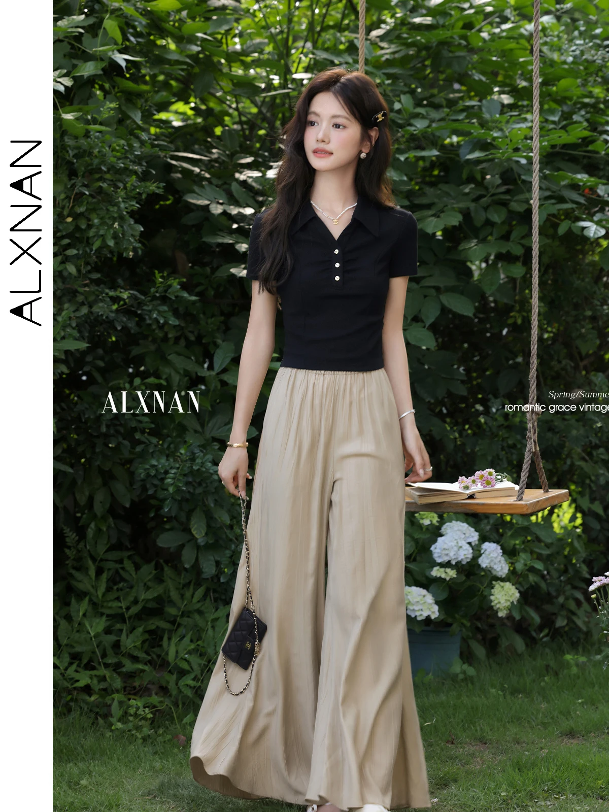 ALXNAN Dames T-shirt Zwart Elegant V-hals T-shirts met korte mouwen Trend 2025, Zomer Casual Slim-fit Korte tops Dames L557138