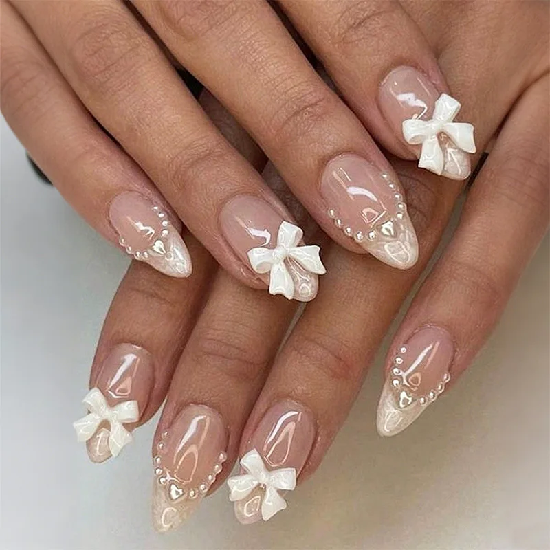 

24PCS Simple White French False Nails with Glue 3D Bowknot Pearl Nude Almond Press on Nails Full Cover Wearable Sweet Fake Nails