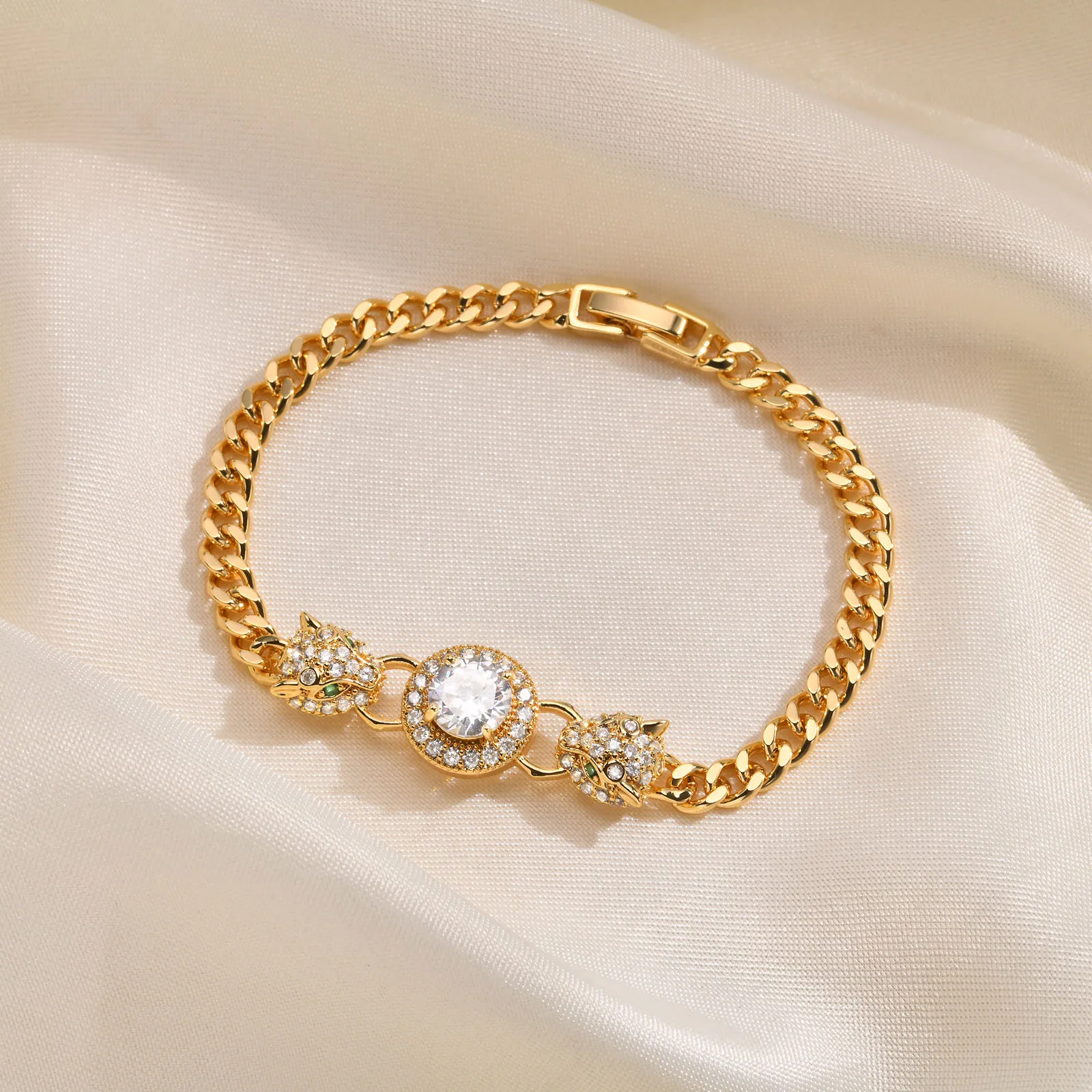 Double Leopard Heads Charm Chain Bracelets for Women Girls, Chic Bling CZ Stone Gold Color Metal Link Cuff Bracelet Wristband