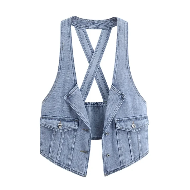 

Denim Vest Women's Summer Tank Top Coat Short Sweetheart Shoulder Hanging Neck Horse Jacket Wearing Small Fragrance Cape OutCoat