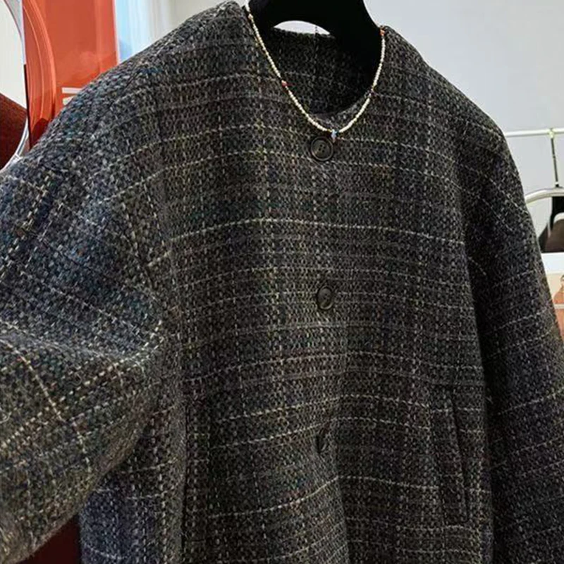 Korean Vintage Crop Woolen Coats Women Autumn Winter Thick Long Sleeve Jacket Button O Neck Retro Office Lady Short Outwear New