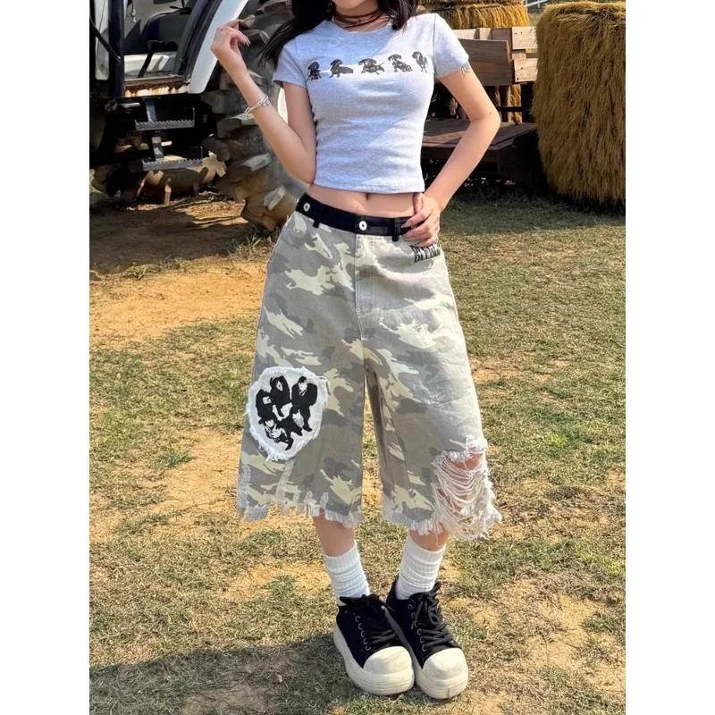 

Women's Camouflage Y2k American Vintage Patch Tassel Design Loose Straight Leg Cropped Jeans Street Wide Leg Casual Shorts