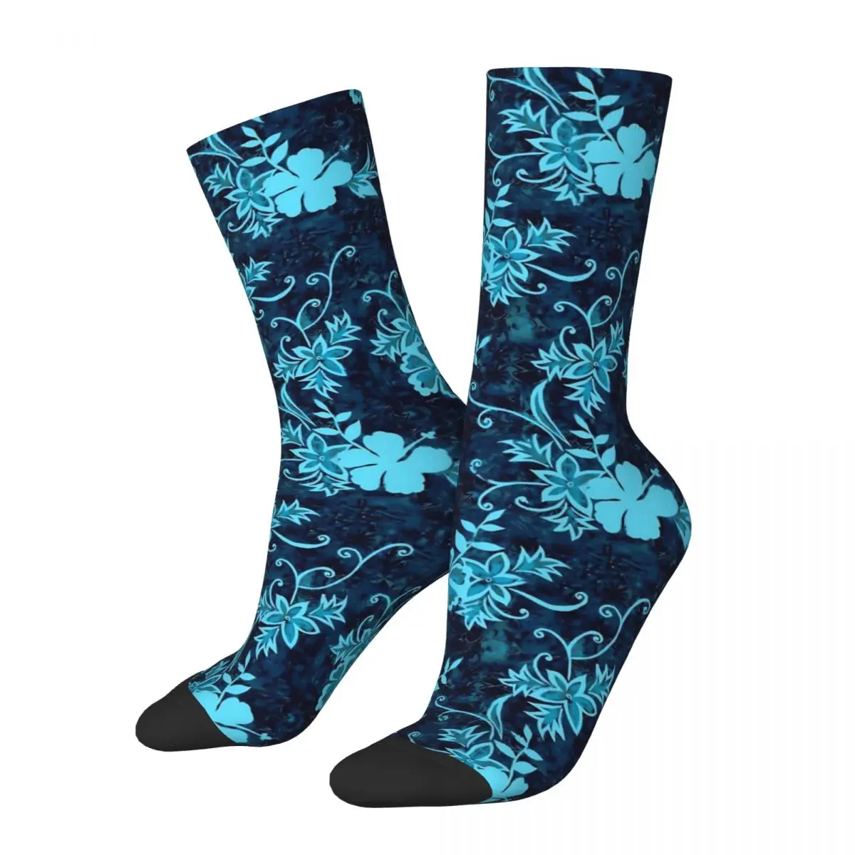 Blue Retro Flower Socks Autumn Hawaiian Hibiscus Stockings Elegant Unisex Breathable  Design Cycling Non-Slip 