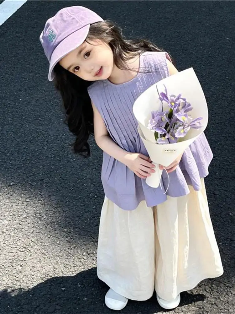 女の子の夏服カジュアル薄手ワイドレッグパンツ甘いプリーツベストツーピースセット子供服ベビー服親子服