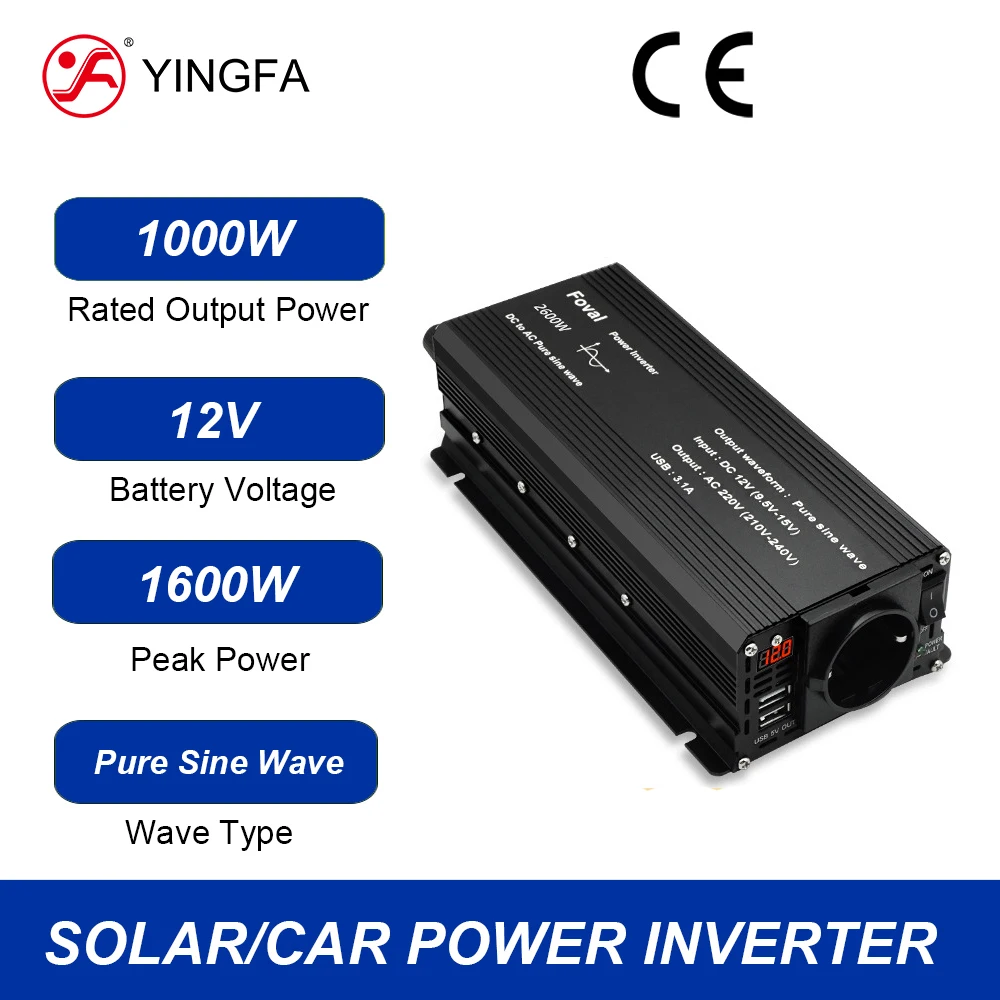 Pure Sine Wave Inverter 1000W DC 12V to AC 120V 220V 230V 240V Voltage Transfer Converter Universal EU US UK Australia Socket