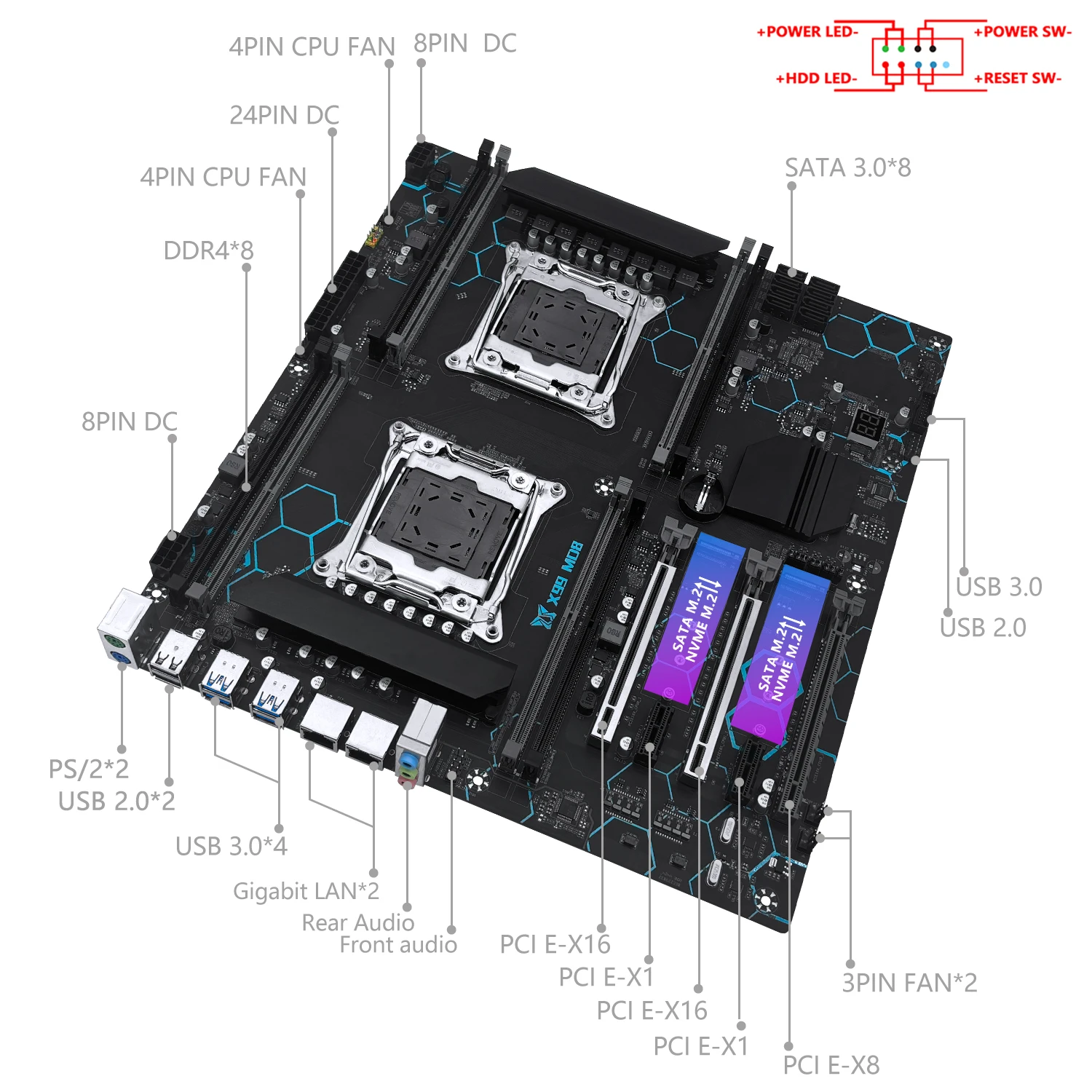 MACHINIST X99 Xeon Kit Motherboard Set LGA 2011-3 E5 2698 v3 Dual CPU Processor DDR4 ECC 8*32GB Memory M.2 NVME ssd E-ATX MD8