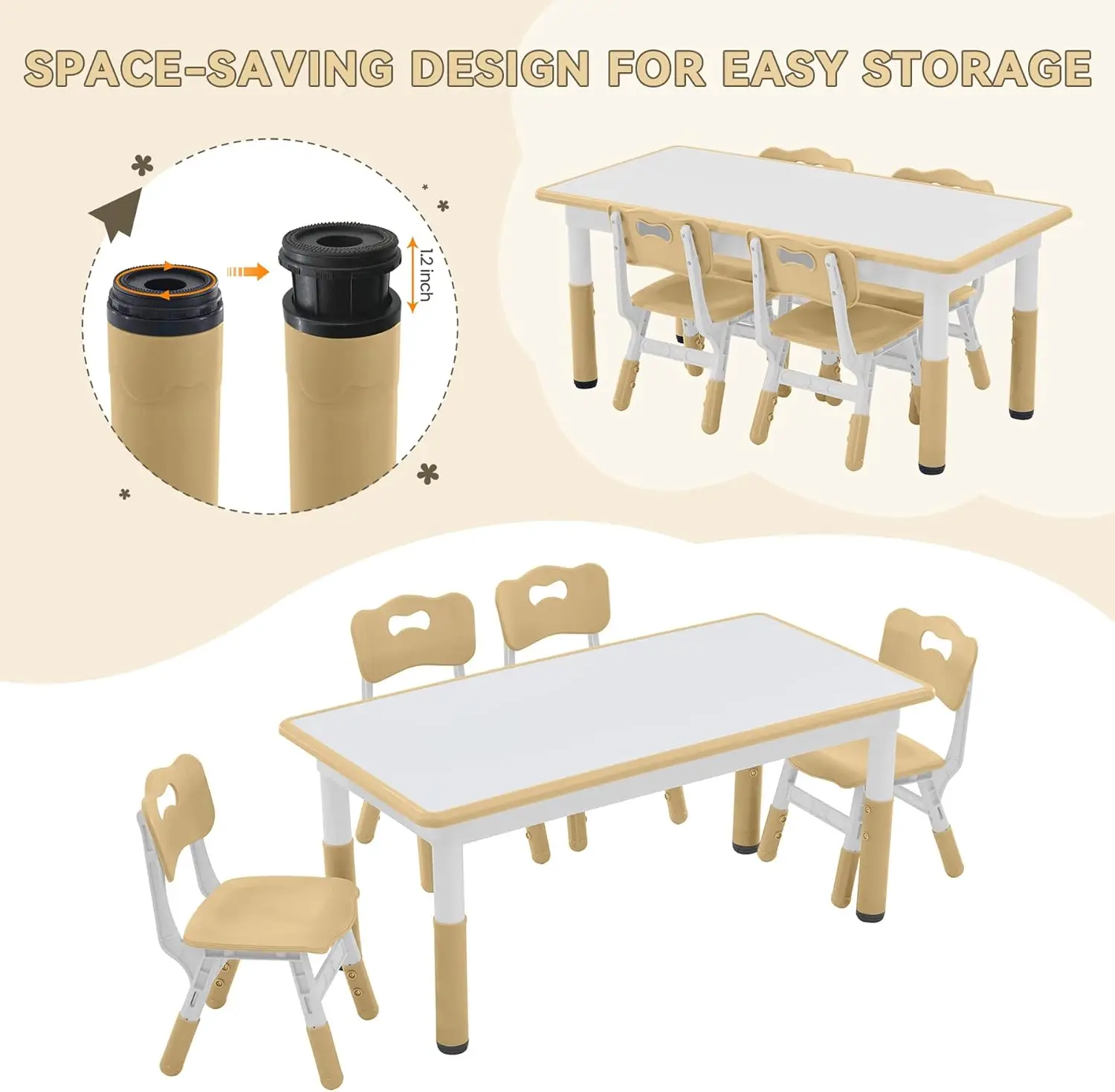 Study Table and Chairs Set, Height Adjustable Toddler Table and Chair Set for Kids Ages 3-8, Graffiti Desktop (Light Brown)