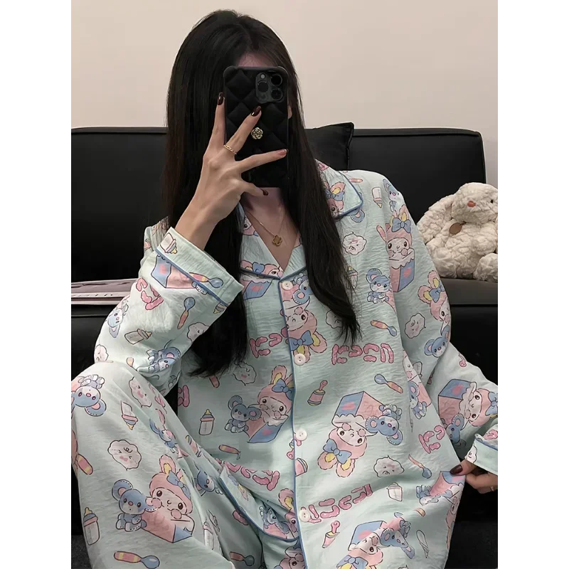 Sanrio Melody silk pajamas women's autumn cotton long-sleeved trousers two-piece set casual women's pajamas set pajamas set