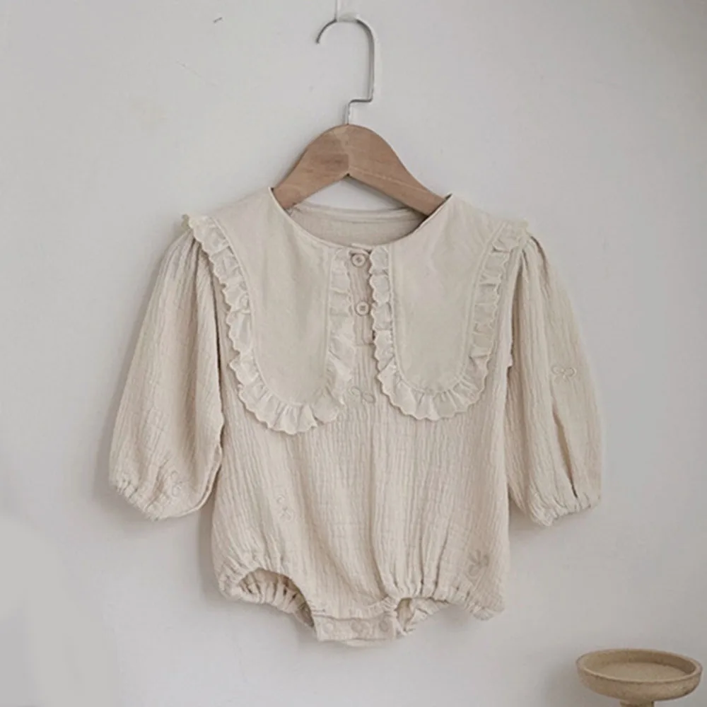 

Очаровательный матросский кружевной воротник, боди для маленьких девочек, милый детский комбинезон с длинными рукавами и вышивкой банта, корейский осенний комбинезон для малышей