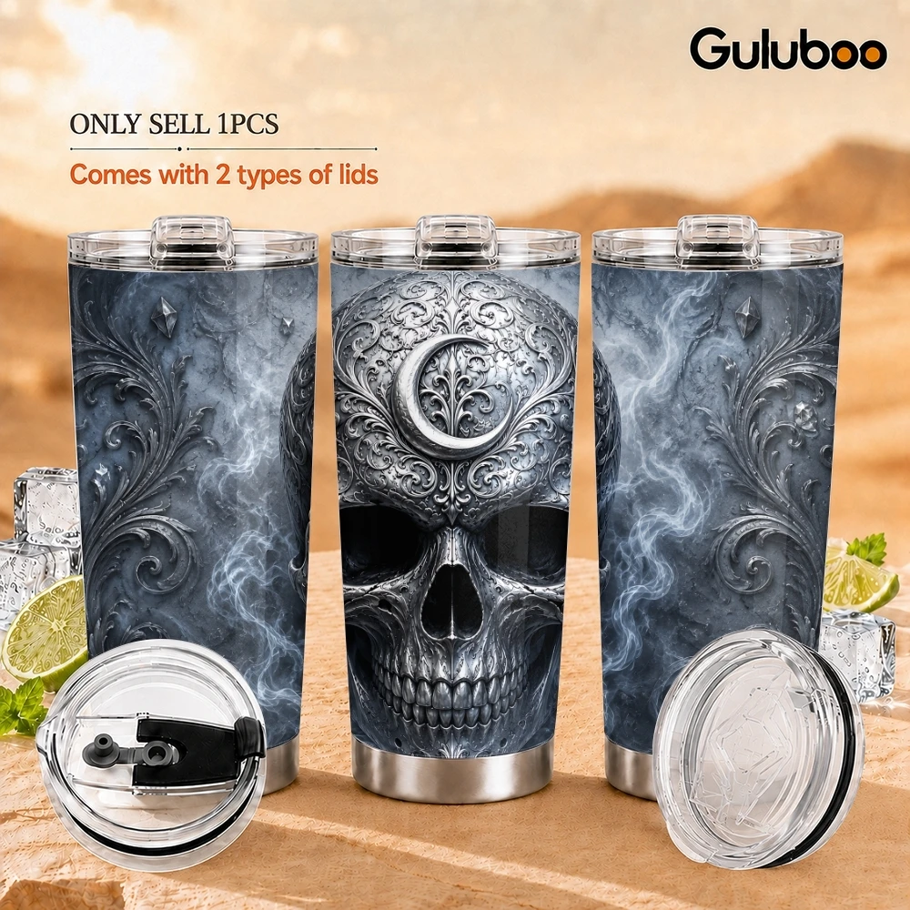 Bouteilles isothermes Dark Smoke Skull 20oz, récipient à boissons chaudes et froides longue durée, en acier inoxydable anti-fuite, avec tasse, paille et coffret cadeau de voyage