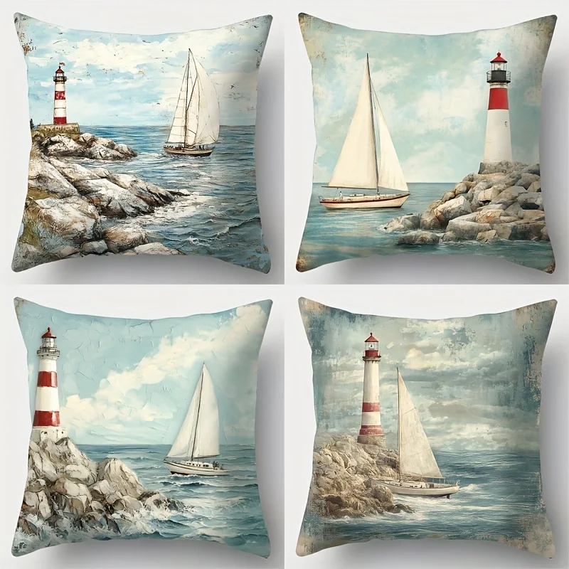Coastal Lighthouse Nautical Pillowcase Set 4pcs Cushion Cover for Home Decor Beach Art Throw Maritime Sailing Picture Canvas Pri