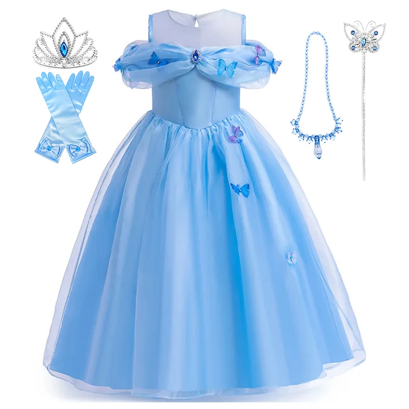 

Cinderella Cosplay Blue Girl Disguise Ball Gown Children Carnival Party Butterfly Appliques Princess Elegant Off Shoulder Dress