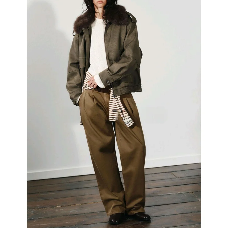 Autumn New Women's Jaet Coat Long Sve Faux Suede Effect Detachable Collar ort Casual Loose Polyester Fiber Zipper