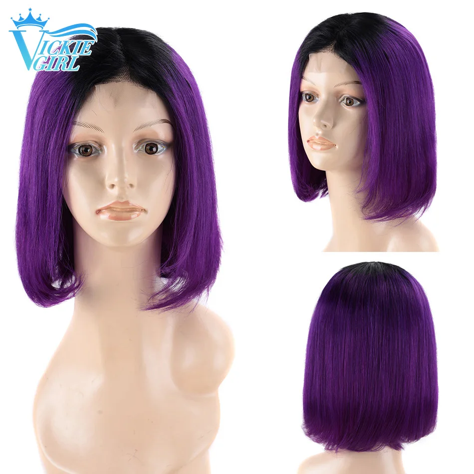 Wig rambut manusia Bob pendek Brasil renda depan rambut manusia Ombre warna coklat rambut manusia lurus 2x4 wig renda depan