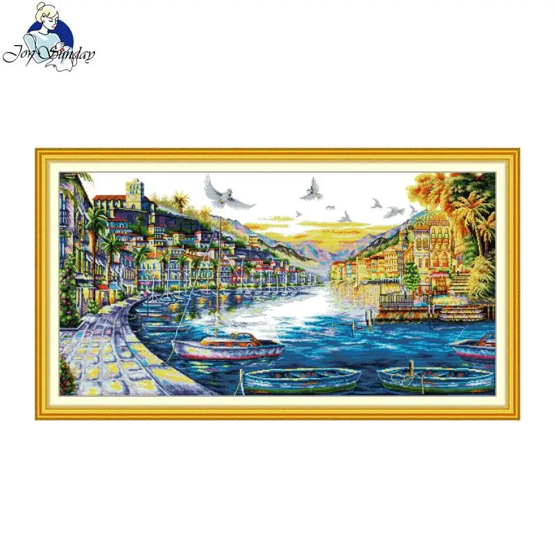 

Joy Sunday Seaside City Наборы для вышивки крестом Aida 16/14/11CT Счетный принт Холст Ткань Художественные ремесла DIY Набор для вышивания Подарок