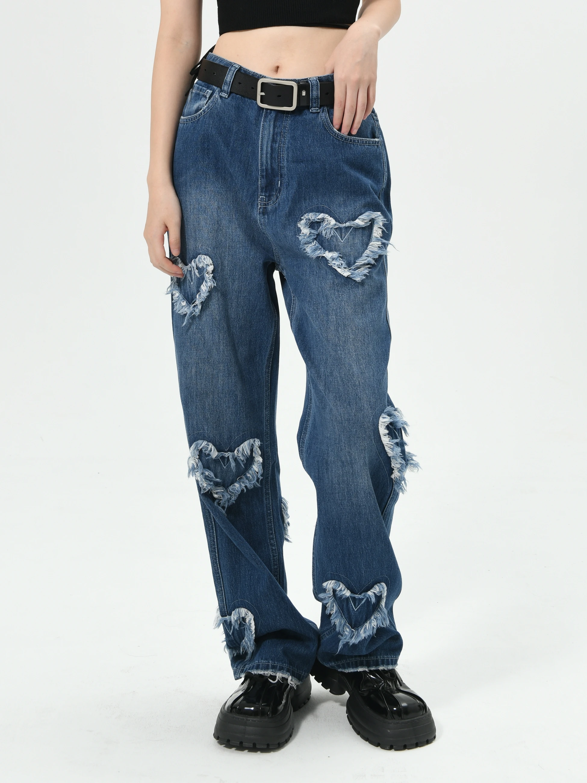 

Джинсы женские прямого кроя с эффектом похудения, синие, с эффектом потертости, в стиле пэчворк, свободного кроя, с заниженной талией IFFFFY Street Sle l