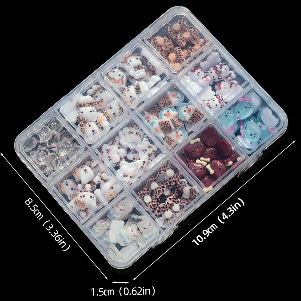 12 rasters herfst luipaard Hello Kitty nagelbedels 3D schattig luipaardprint strik Kitty kat cartoon nagelonderdelen hars DIY nagel december