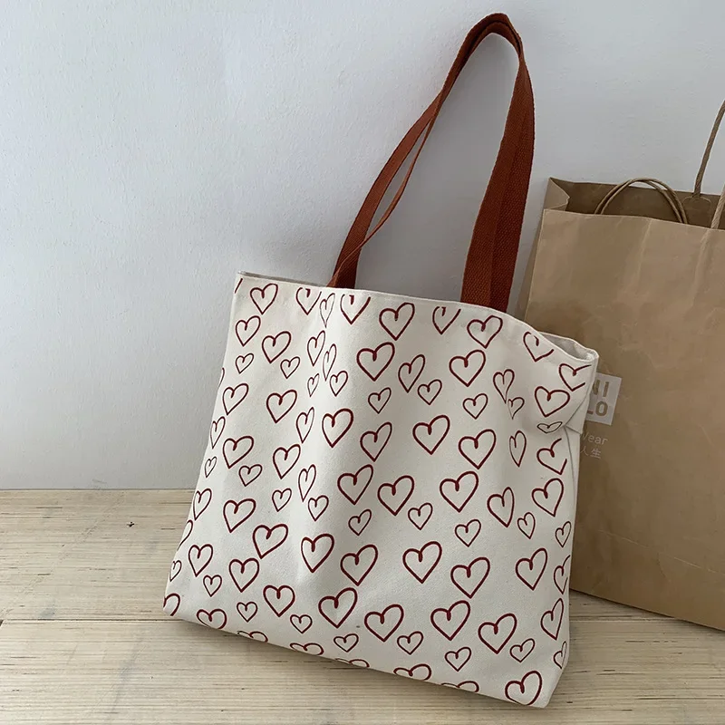 Fashion Simple Heart Print Canvas Tote Bags for Women Leisure Student Large Capacity Storage Shopping Shoulder Bag Handbags