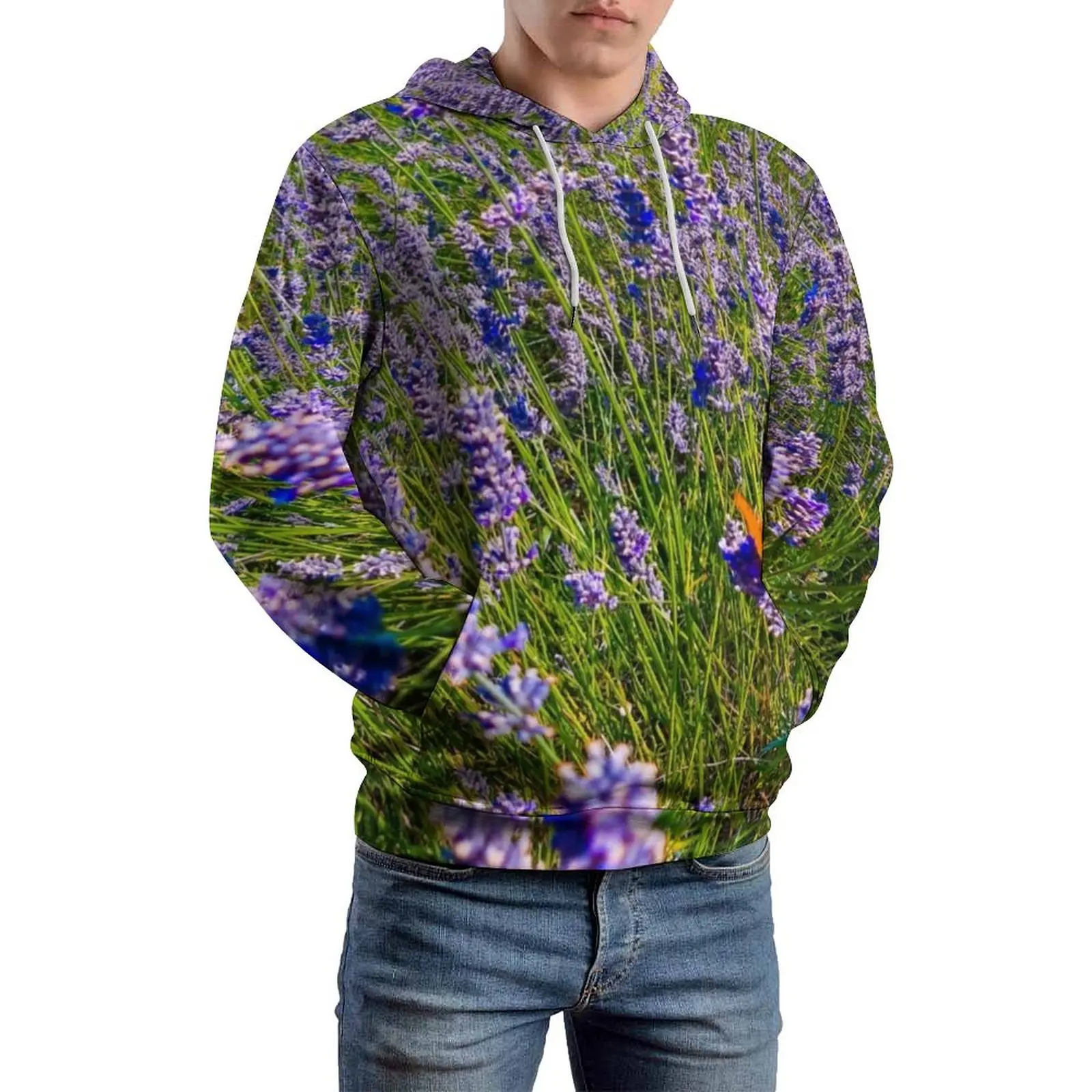 Lavender Field Casual Hoodies Men Purple Flower Print Funny Sweatshirts Autumn Long Sleeve Street Fashion Oversized Hoodie