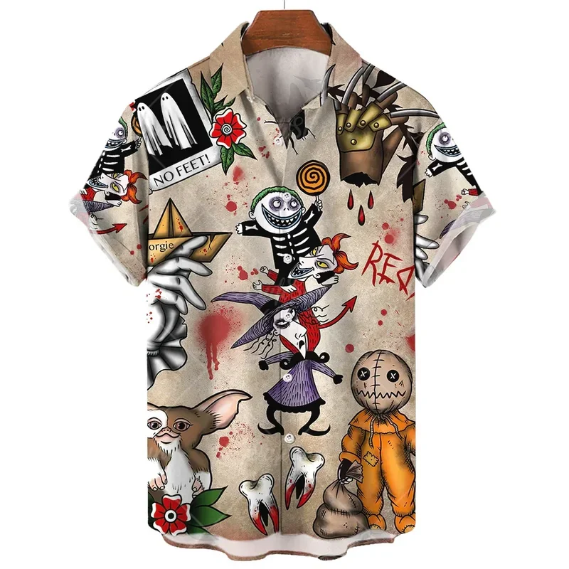 Halloween Shirt For Men Fashion Short Sleeve Tops Little Devil Print Hawaiian Shirts Casual Beach Travel Oversized Men'S Clothes