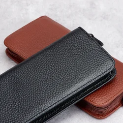 Asvine Genuine Leather Fountain Pen Case Zippered Pen Case Pouch, Handmade Display Pen Holder Bag 3 Divided Slots