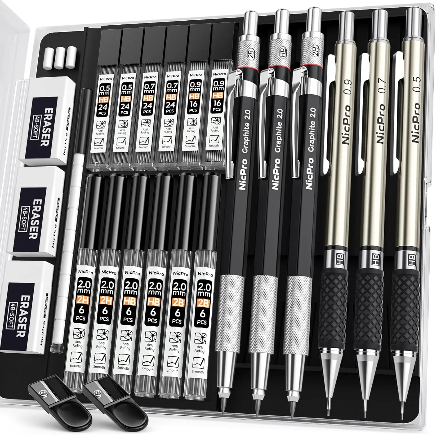 

6-Piece Mechanical Pencil Set with Multiple Lead Sizes for Writing, Sketching, and Drawing