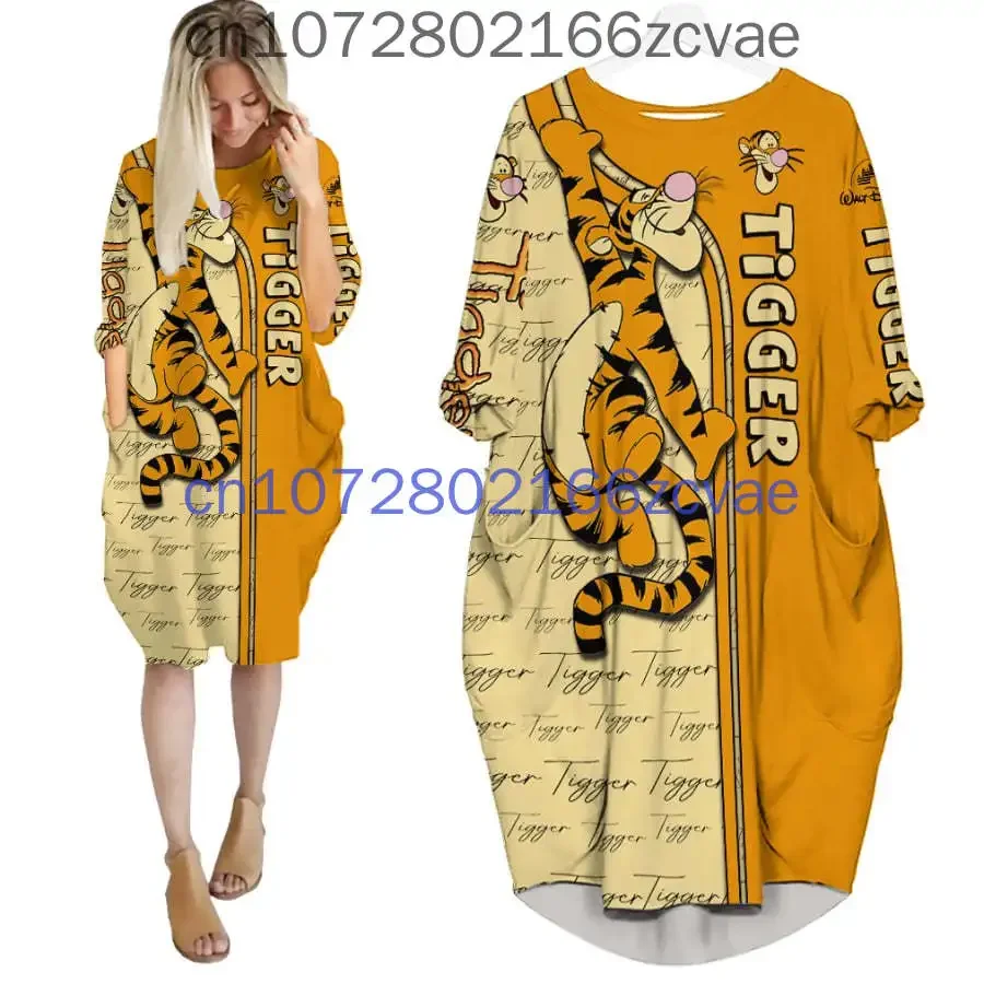 

Summer Disney Tigger Women's Batwing Pocket Dress Loose Fashion Dress Casual Long sleeved Women's Dress