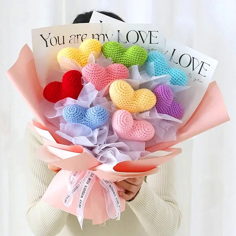 1PC 40cm 8Colors Knitted Heart Shape Flowers Hand Woven Crochet Wedding Party Birthday Teachers' Valentine's Day Decor Gift