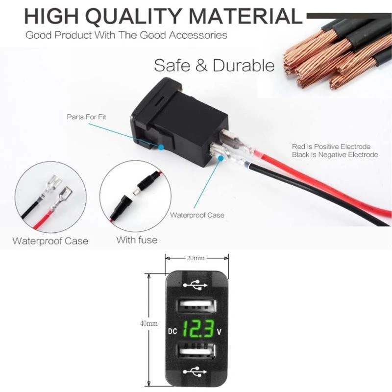 40×20mm 12V Dual USB Car LED Voltmeter Power Adapter Compatible For