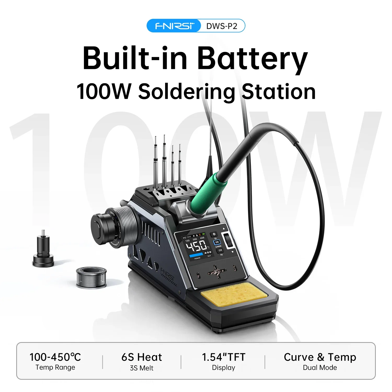 FNIRSI DWS-P2 Tragbare Lötstation 100W Eingebauter Akku F210 F245 Doppelgriff Schnelle Aufheizung TFT-Bildschirm Auto-Schlafmodus