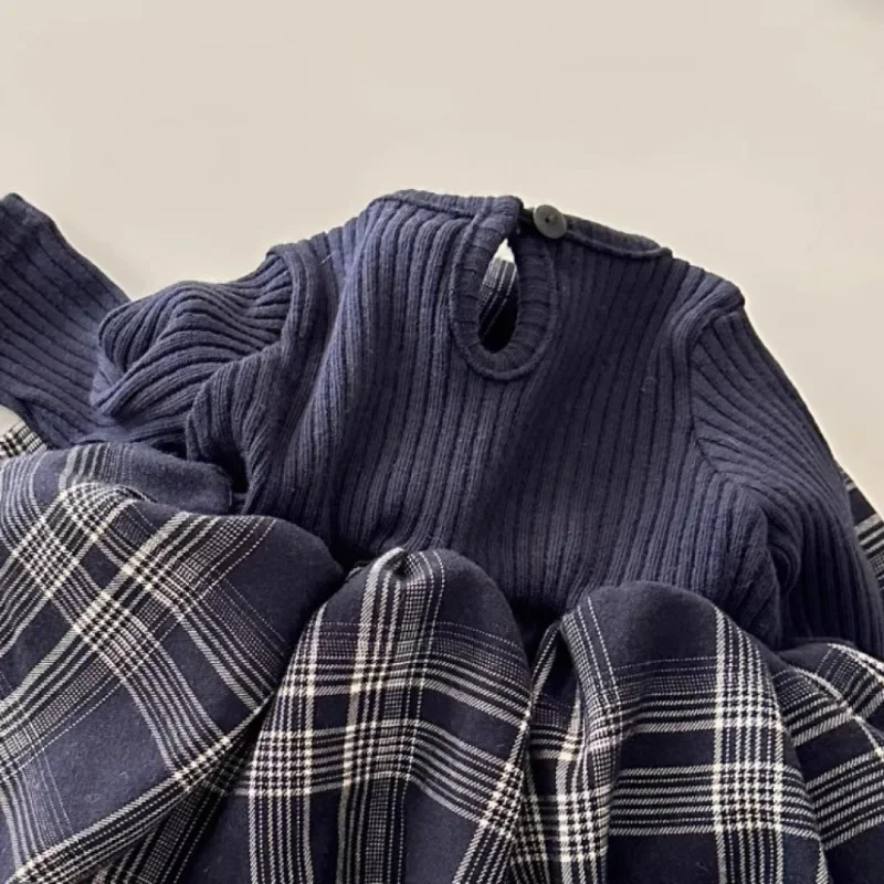 ربيع 2026 طفل الفتيات شبكة الربط القطن العضوي الفتيات المرقعة فستان الثلاثي قطعة واحدة فستان طويل الأكمام السروال القصير