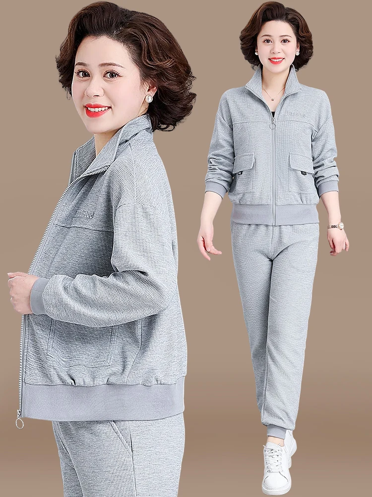 

Casual Sportswear Set for Middle-Aged Mothers plus Size Top Spring Autumn Sle Two-Piece Suit Loose Fit Long Pants Zipper Cl...