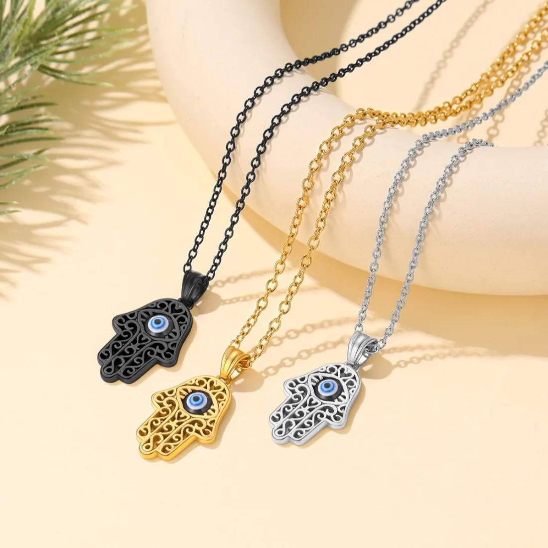 U7 Stainless Steel Blue Black Evil Eye Hamsa Hand Pendant Necklaces for Man Woman White CZ Protection Amulet Unisex Jewelry QC25